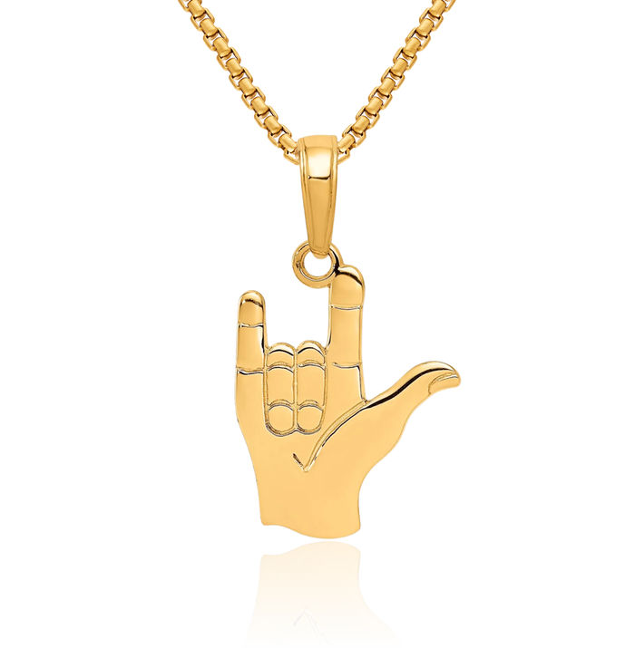 14K Solid Yellow Gold I Love You Sign Language Necklace Chain Pendant Charm