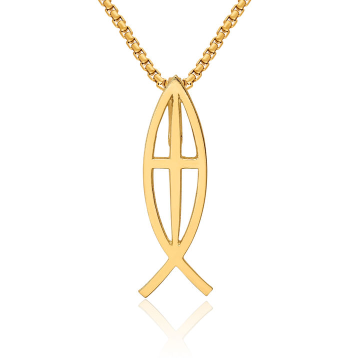 14K Solid Yellow Gold Ichthus Holy Cross Fish Symbol Slide Necklace Religious Chain Pendant Jesus Christ Charm