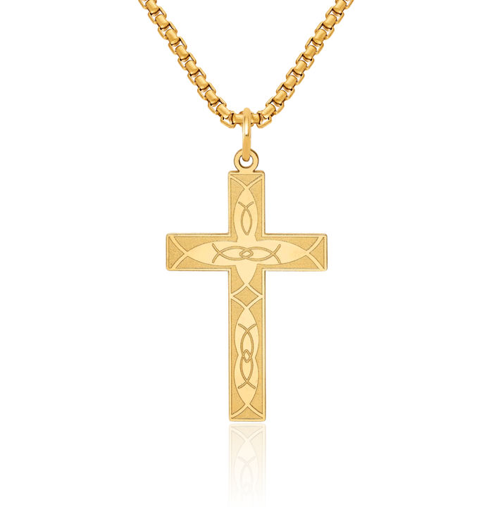 14K Solid Yellow Gold Ichthus Fish Symbol Latin Mexican Holy Cross Necklace Religious Chain Pendant Jesus Christ Charm