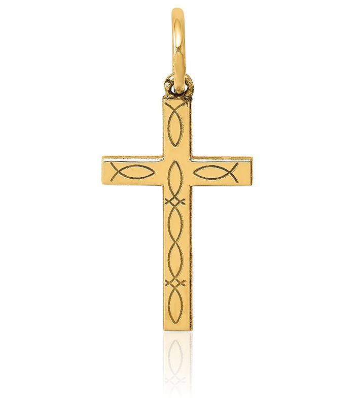 14K Solid Yellow Gold Ichthus Fish Symbol Latin Mexican Holy Cross Necklace Religious Chain Pendant Jesus Christ Charm