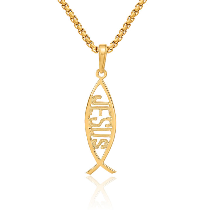 14K Solid Yellow Gold Ichthus Fish Symbol Jesus Christ Necklace Religious Chain Pendant Christian Charm