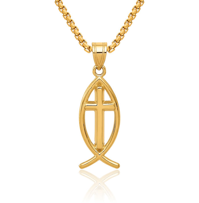 14K Solid Yellow Gold Ichthus Fish Symbol Necklace Religious Chain Pendant Christian Jesus Christ Charm