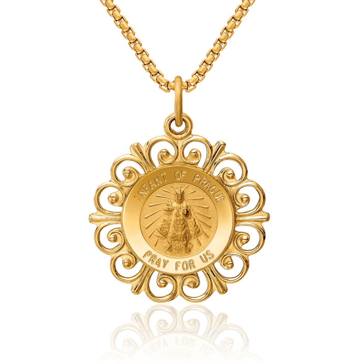 14K Solid Yellow Gold Infant of Prague Medal Necklace Chain Pendant Charm