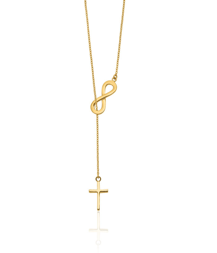 14K Solid Yellow Gold Infinity Twisted Love Knot Symbol Holy Cross Lariat Chain Necklace