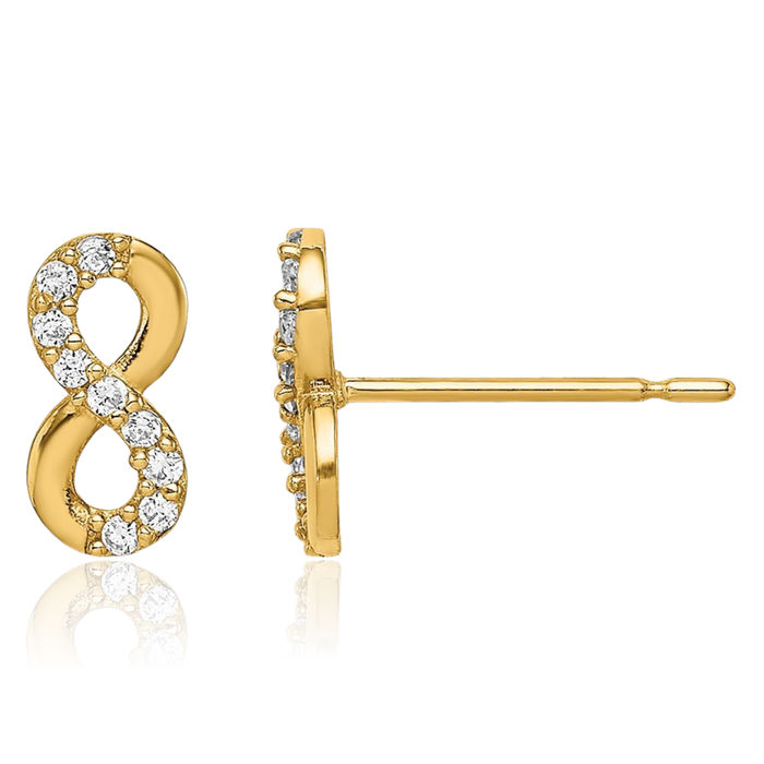 14K Solid Yellow Gold Infinity Twisted Love Knot Symbol Cubic Zirconia CZ Stud Earrings