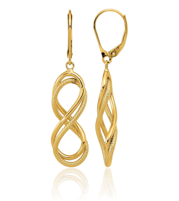 14K Solid Yellow Gold Infinity Twisted Love Knot Symbol Drop Dangle Earrings