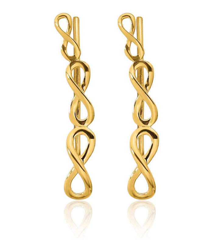 14K Solid Yellow Gold Infinity Twisted Love Knot Symbol Ear Climber Heart Stud Earrings