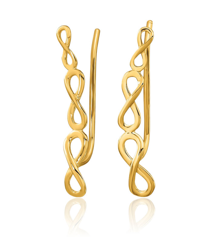 14K Solid Yellow Gold Infinity Twisted Love Knot Symbol Ear Climber Heart Stud Earrings