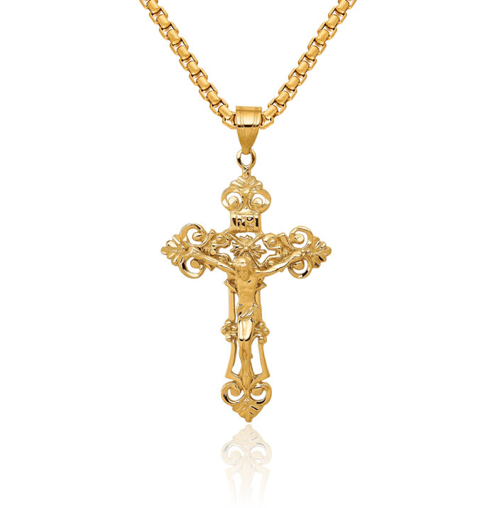 14K Solid Yellow Gold Inri French Fleur De Lis Lily Flower Lord Jesus Christ Crucifix Holy Cross Necklace Religious Chain Pendant Charm