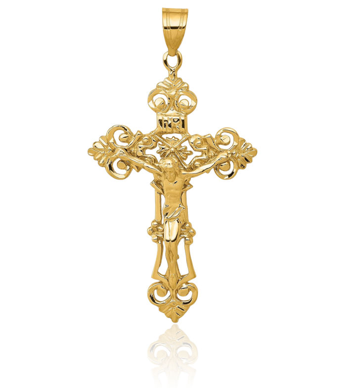 14K Solid Yellow Gold Inri French Fleur De Lis Lily Flower Lord Jesus Christ Crucifix Holy Cross Necklace Religious Chain Pendant Charm