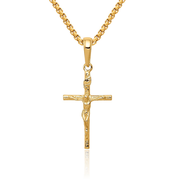 14K Solid Yellow Gold Inri Lord Jesus Christ Crucifix Holy Cross Necklace Religious Chain Pendant Charm