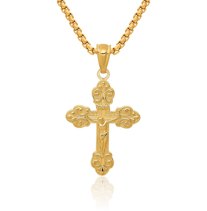 14K Solid Yellow Gold Inri Lord Jesus Christ Crucifix Holy Cross Necklace Religious Chain Pendant Charm