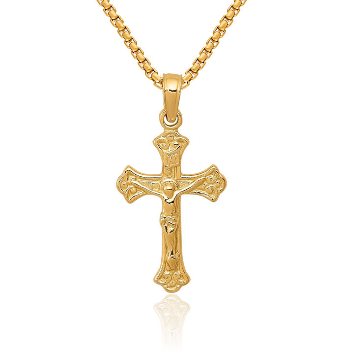 14K Solid Yellow Gold Inri Lord Jesus Christ Crucifix Holy Cross Necklace Religious Chain Pendant Charm