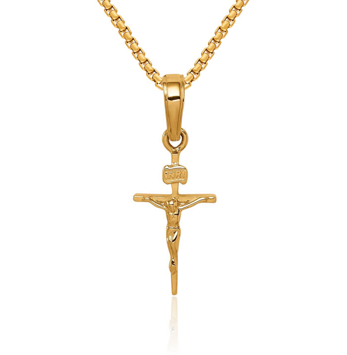 14K Solid Yellow Gold Inri Lord Jesus Christ Crucifix Holy Cross Necklace Religious Chain Pendant Charm