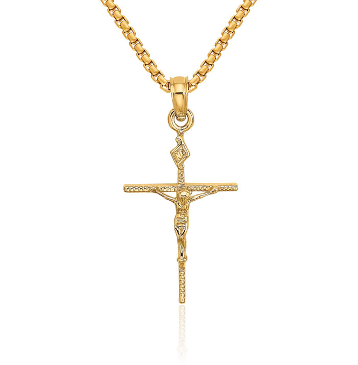 14K Solid Yellow Gold Inri Lord Jesus Christ Crucifix Holy Cross Necklace Religious Chain Pendant Charm