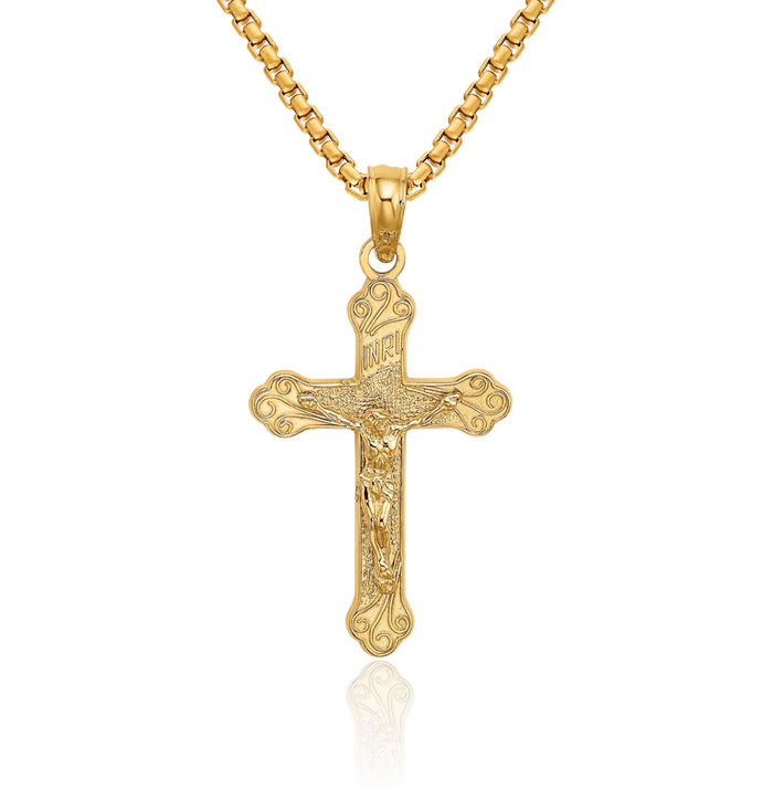 14K Solid Yellow Gold Inri Lord Jesus Christ Crucifix Holy Cross Necklace Religious Chain Pendant Charm
