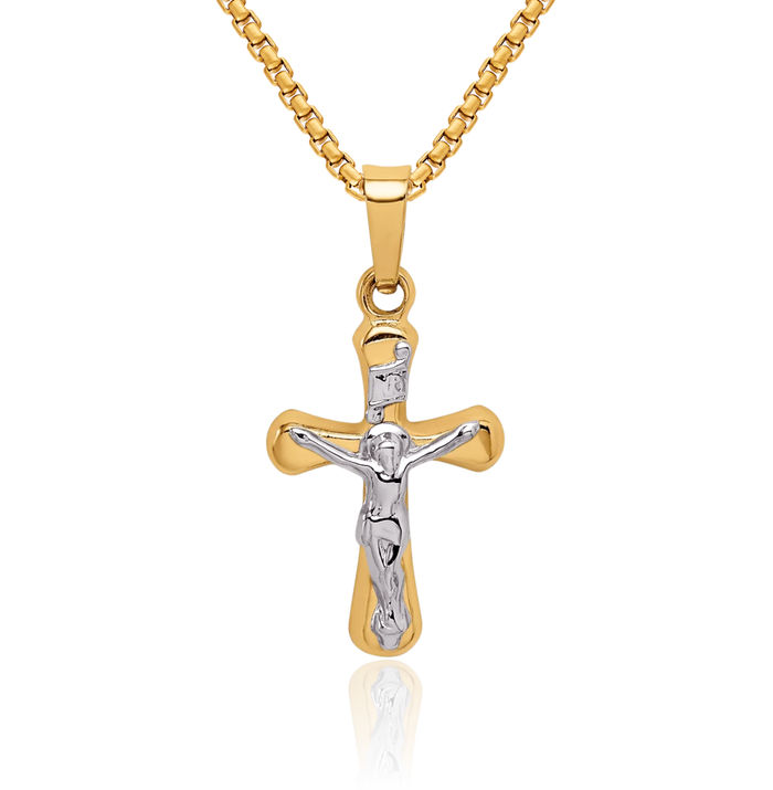 14K Solid Yellow Gold Inri Round Lord Jesus Christ Crucifix Holy Cross Necklace Religious Chain Pendant Charm