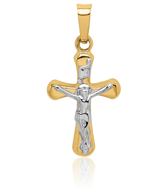 14K Solid Yellow Gold Inri Round Lord Jesus Christ Crucifix Holy Cross Necklace Religious Chain Pendant Charm