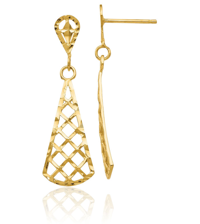 14K Solid Yellow Gold Inverted Fan Drop Dangle Earrings
