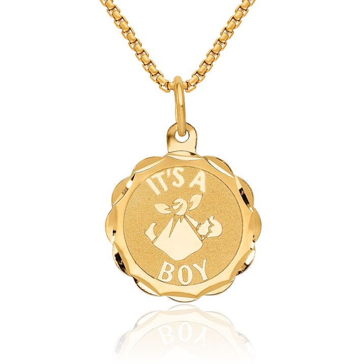 14K Solid Yellow Gold Its Boy Disc Necklace Chain Pendant Charm