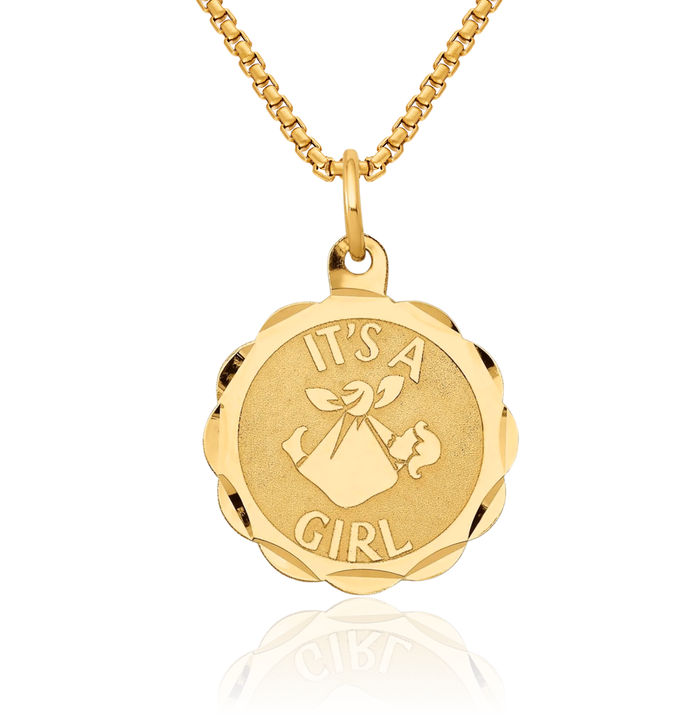 14K Solid Yellow Gold Its Girl Disc Necklace Chain Pendant Charm