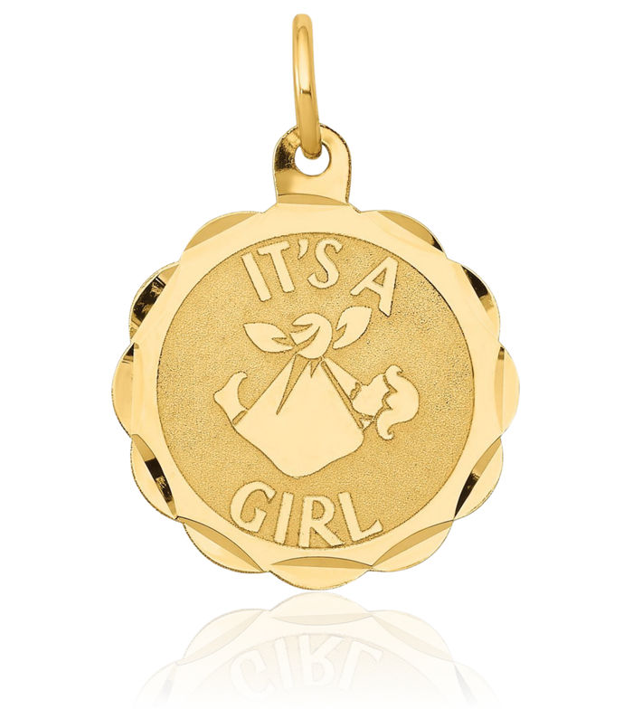 14K Solid Yellow Gold Its Girl Disc Necklace Chain Pendant Charm