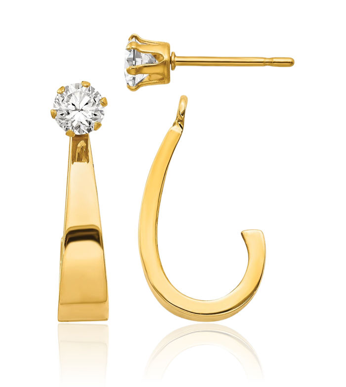 14K Solid Yellow Gold J Hoop Cubic Zirconia CZ Stud Earring Jackets for Studs
