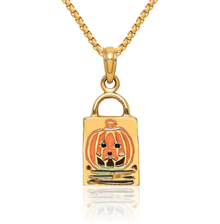 14K Solid Yellow Gold Jack O Lantern Trick Bag Necklace Chain Pendant Charm