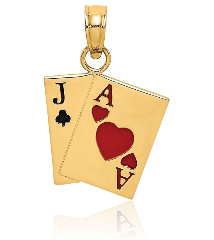 14K Solid Yellow Gold Jack of Clubs Ace Heart Poker Necklace Playing Cards Suit Pendant Gambling Deck Charm Good Luck Jewelry
