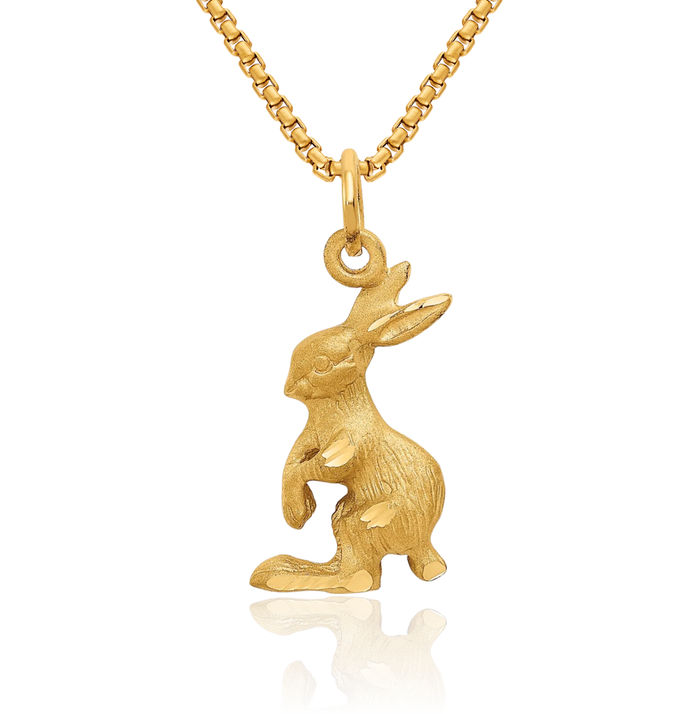 14K Solid Yellow Gold Jack Rabbit Necklace Chain Pendant Charm