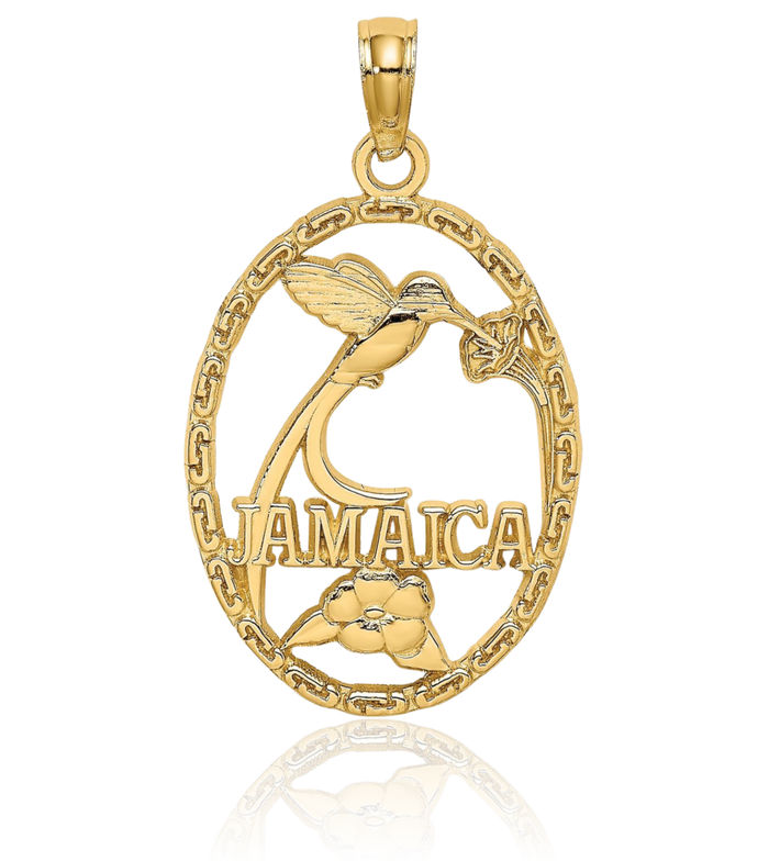 14K Solid Yellow Gold Jamaica Bird Flowers Necklace Chain Pendant Charm