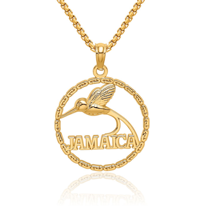 14K Solid Yellow Gold Jamaica Bird Circle Round Necklace Chain Pendant Charm