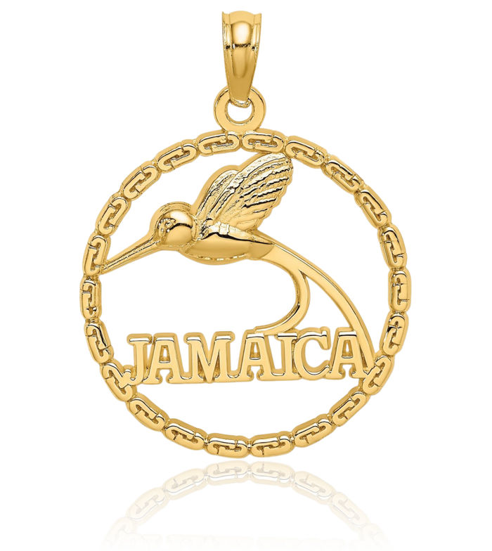 14K Solid Yellow Gold Jamaica Bird Circle Round Necklace Chain Pendant Charm