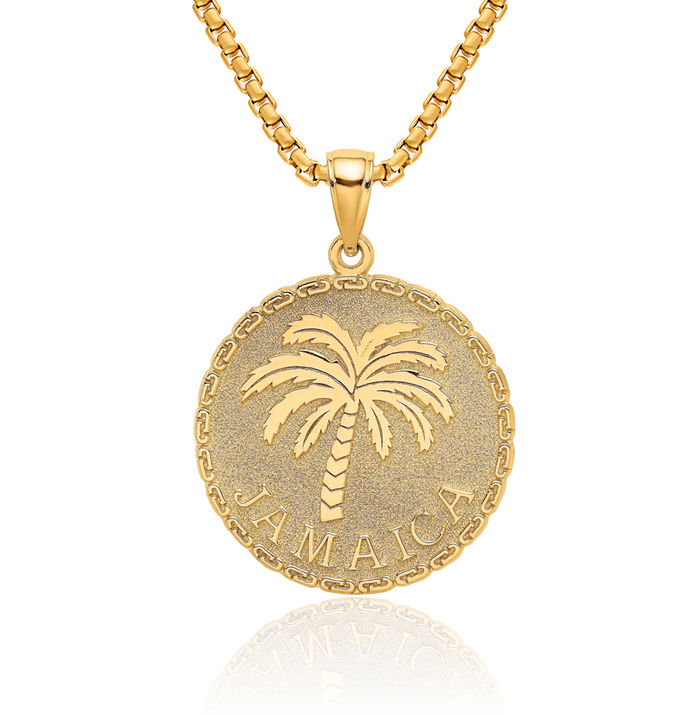 14K Solid Yellow Gold Jamaica Palm Tree Disk Necklace Summer Beach Pendant Tropical Charm