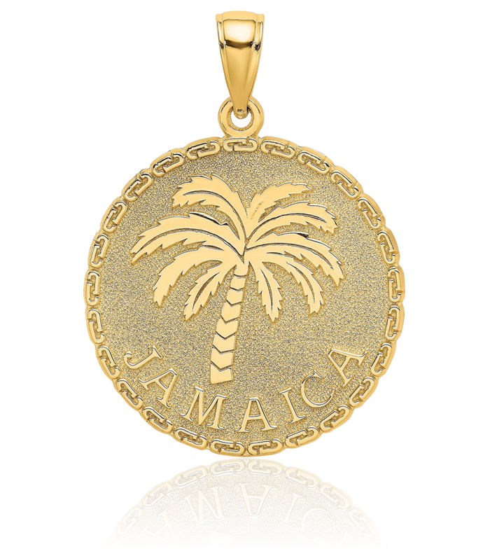 14K Solid Yellow Gold Jamaica Palm Tree Disk Necklace Summer Beach Pendant Tropical Charm