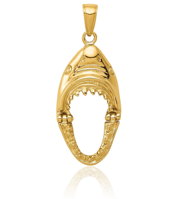 14K Solid Yellow Gold Jaws Shark Head Necklace Chain Pendant Charm