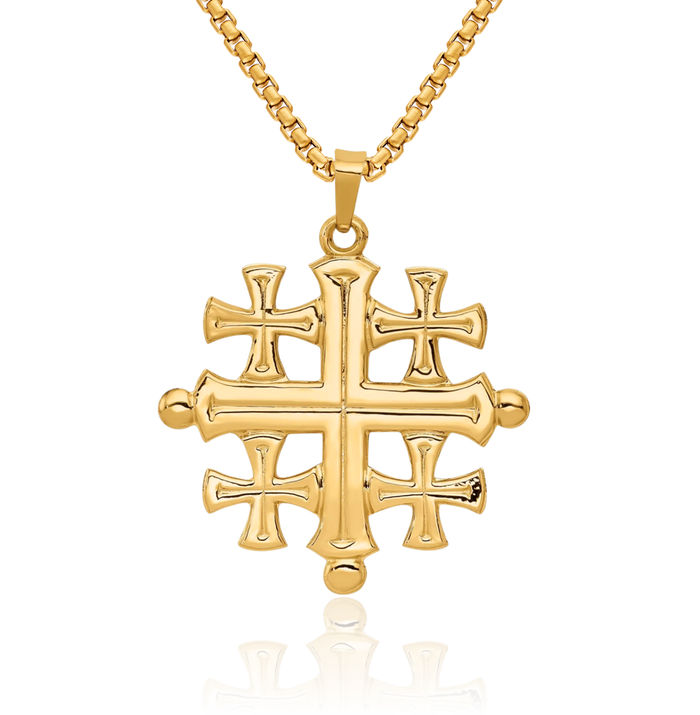 14K Solid Yellow Gold Jerusalem Crusader Holy Cross Necklace Religious Chain Pendant Jesus Christ Charm