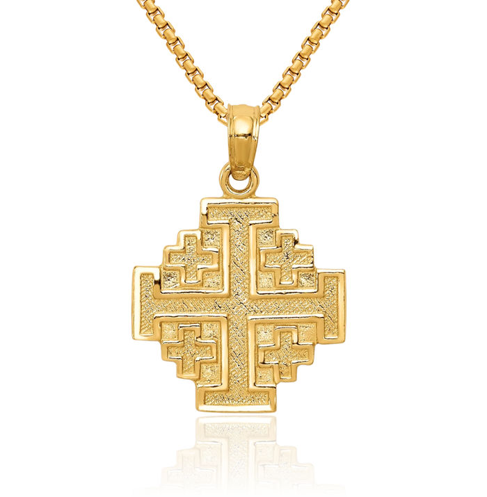 14K Solid Yellow Gold Jerusalem Crusader Holy Cross Necklace Religious Chain Pendant Jesus Christ Charm