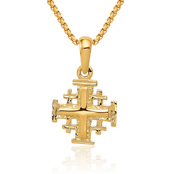14K Solid Yellow Gold Jerusalem Crusader Holy Cross Necklace Religious Chain Pendant Jesus Christ Charm