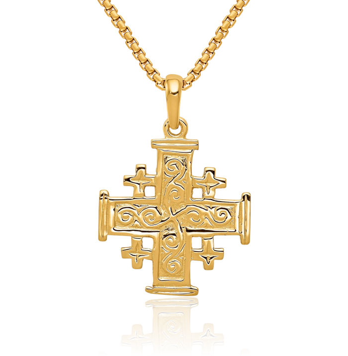 14K Solid Yellow Gold Jerusalem Crusader Holy Cross Necklace Religious Chain Pendant Jesus Christ Charm