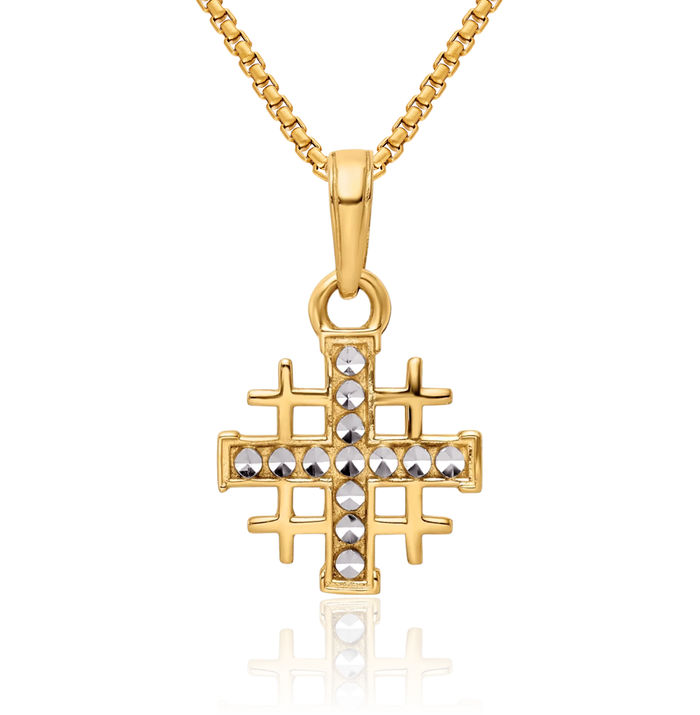14K Solid Yellow Gold Jerusalem Crusader Holy Cross Necklace Religious Chain Pendant Jesus Christ Charm