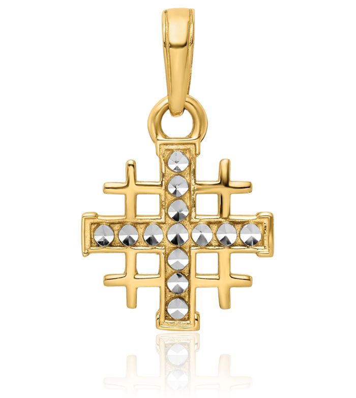 14K Solid Yellow Gold Jerusalem Crusader Holy Cross Necklace Religious Chain Pendant Jesus Christ Charm
