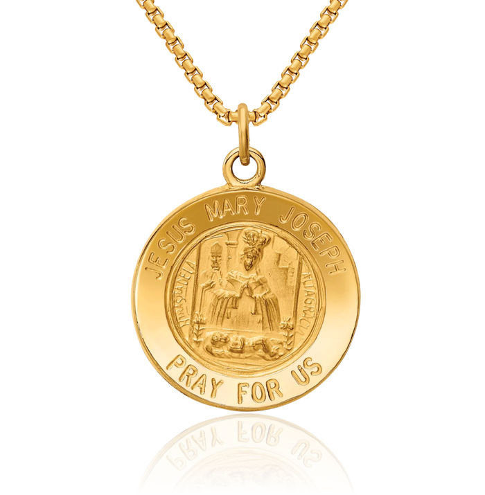 14K Solid Yellow Gold Jesus Christ Blessed Mother Mary Joseph Medal Necklace Religious Chain Pendant Christian Faith Charm