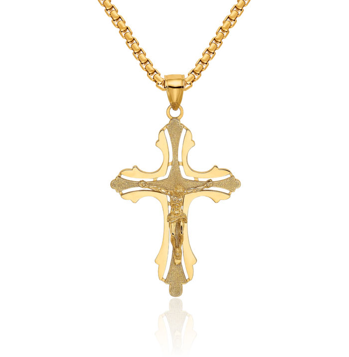 14K Solid Yellow Gold Lord Jesus Christ Crucifix Holy Cross Budded Necklace Religious Chain Pendant Christian Charm