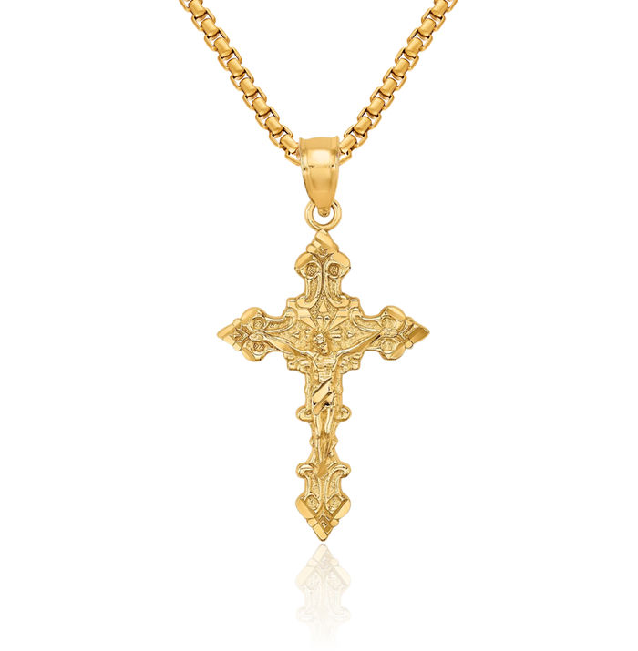 14K Solid Yellow Gold Lord Jesus Christ Crucifix Holy Cross Edges Necklace Religious Chain Pendant Charm