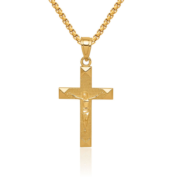 14K Solid Yellow Gold Lord Jesus Christ Crucifix Holy Cross Necklace Religious Chain Pendant Charm