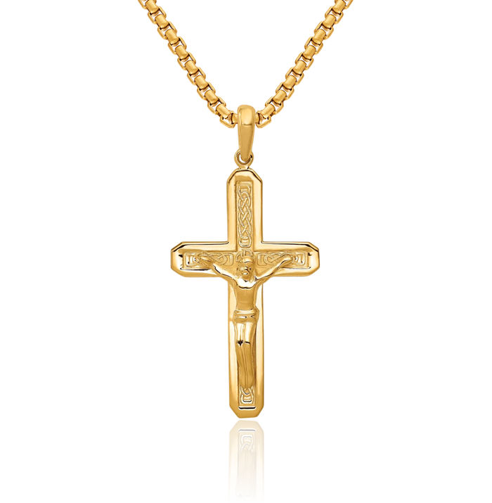 14K Solid Yellow Gold Lord Jesus Christ Crucifix Holy Cross Necklace Religious Chain Pendant Charm