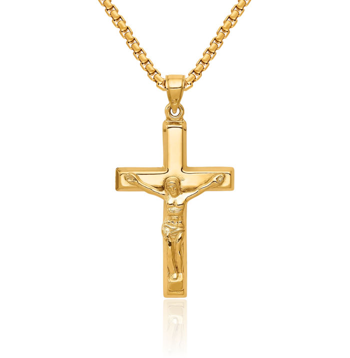 14K Solid Yellow Gold Lord Jesus Christ Crucifix Holy Cross Necklace Religious Chain Pendant Charm