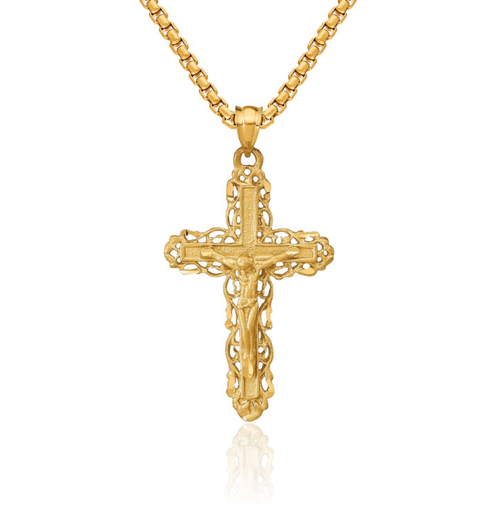 14K Solid Yellow Gold Lord Jesus Christ Crucifix Holy Cross Necklace Religious Chain Pendant Charm