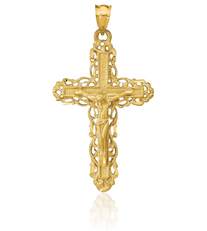 14K Solid Yellow Gold Lord Jesus Christ Crucifix Holy Cross Necklace Religious Chain Pendant Charm